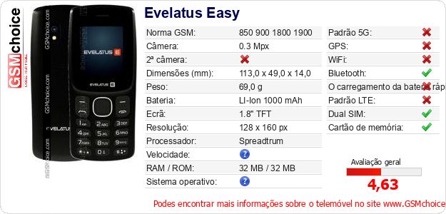 Evelatus Easy Especificações técnicas do telemóvel Evelatus Easy Especificações técnicas do telemóvel