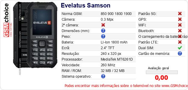 Evelatus Samson Especificações técnicas do telemóvel Evelatus Samson Especificações técnicas do telemóvel