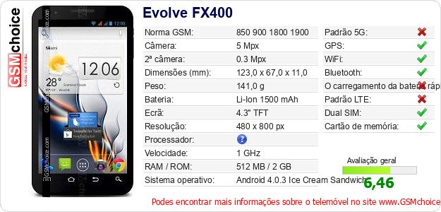 Evolve FX400 Especificações técnicas do telemóvel Evolve FX400 Especificações técnicas do telemóvel