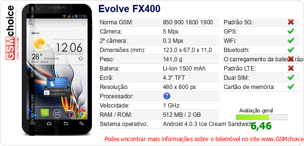 Evolve FX400 Especificações técnicas do telemóvel 