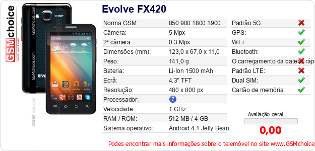 Evolve FX420 Especificações técnicas do telemóvel Evolve FX420 Especificações técnicas do telemóvel