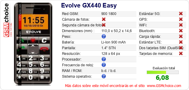 Evolve GX440 Easy Datos técnicos del móvil Evolve GX440 Easy Datos técnicos del móvil