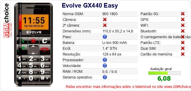 Evolve GX440 Easy Especificações técnicas do telemóvel Evolve GX440 Easy Especificações técnicas do telemóvel