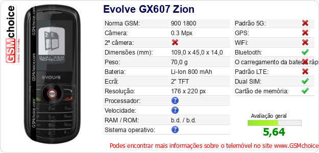 Evolve GX607 Zion Especificações técnicas do telemóvel 