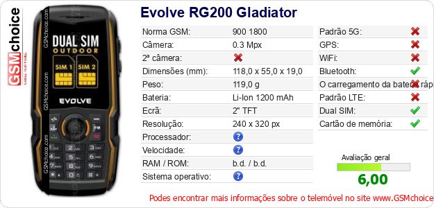 Evolve RG200 Gladiator Especificações técnicas do telemóvel 