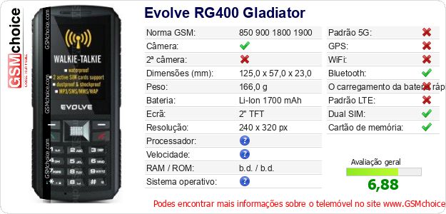 Evolve RG400 Gladiator Especificações técnicas do telemóvel Evolve RG400 Gladiator Especificações técnicas do telemóvel