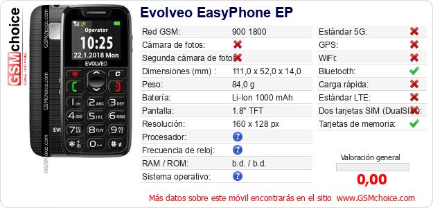 Evolveo EasyPhone EP Datos técnicos del móvil 