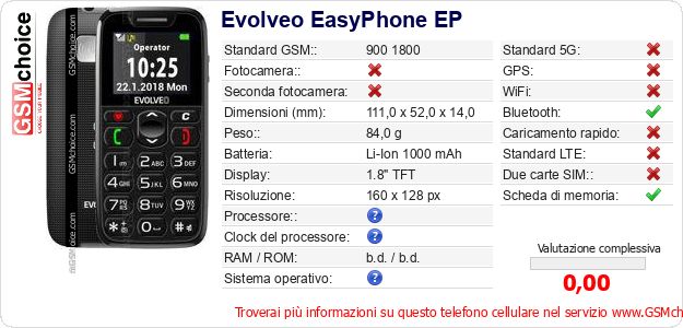 Evolveo EasyPhone EP Dati tecnici di telefono cellulare Evolveo EasyPhone EP Dati tecnici di telefono cellulare