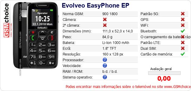 Evolveo EasyPhone EP Especificações técnicas do telemóvel Evolveo EasyPhone EP Especificações técnicas do telemóvel