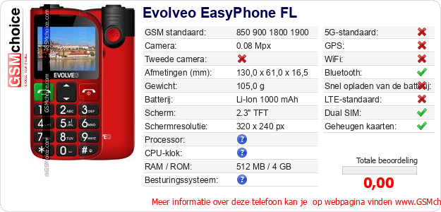 Evolveo EasyPhone FL Technische gegevens Evolveo EasyPhone FL Technische gegevens