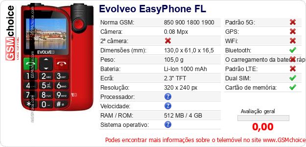 Evolveo EasyPhone FL Especificações técnicas do telemóvel Evolveo EasyPhone FL Especificações técnicas do telemóvel