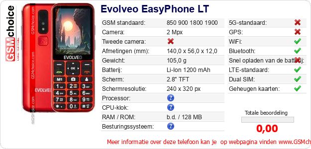 Evolveo EasyPhone LT Technische gegevens Evolveo EasyPhone LT Technische gegevens