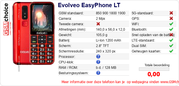 Evolveo EasyPhone LT Technische gegevens 