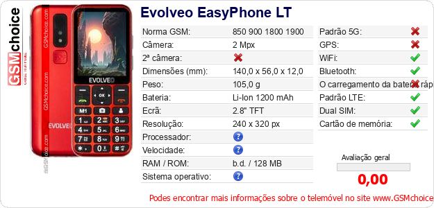Evolveo EasyPhone LT Especificações técnicas do telemóvel Evolveo EasyPhone LT Especificações técnicas do telemóvel
