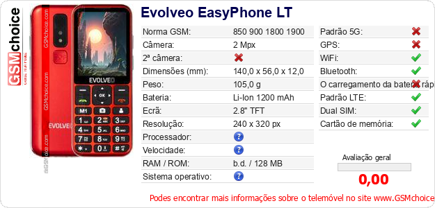 Evolveo EasyPhone LT Especificações técnicas do telemóvel Evolveo EasyPhone LT Especificações técnicas do telemóvel