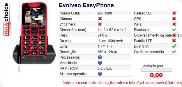 Evolveo EasyPhone Especificações técnicas do telemóvel Evolveo EasyPhone Especificações técnicas do telemóvel
