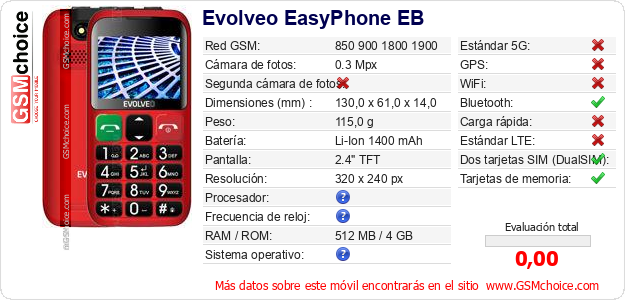 Evolveo EasyPhone EB Datos técnicos del móvil Evolveo EasyPhone EB Datos técnicos del móvil
