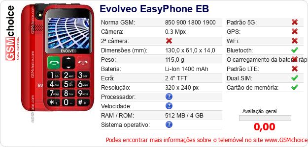 Evolveo EasyPhone EB Especificações técnicas do telemóvel Evolveo EasyPhone EB Especificações técnicas do telemóvel