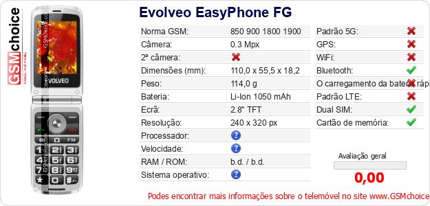 Evolveo EasyPhone FG Especificações técnicas do telemóvel 