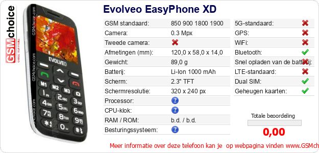 Evolveo EasyPhone XD Technische gegevens 