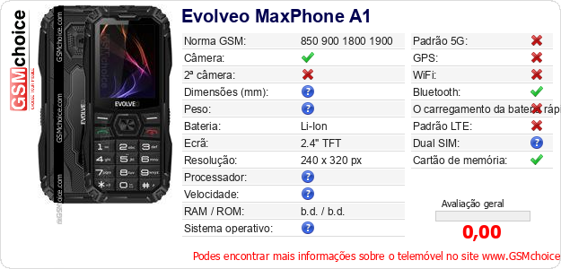 Evolveo MaxPhone A1 Especificações técnicas do telemóvel 