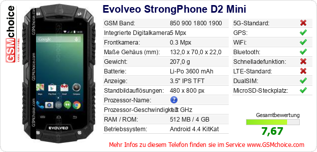 Evolveo StrongPhone D2 Mini technische Daten Evolveo StrongPhone D2 Mini technische Daten