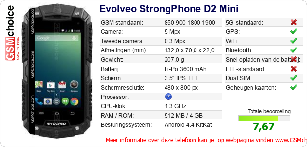 Evolveo StrongPhone D2 Mini Technische gegevens Evolveo StrongPhone D2 Mini Technische gegevens
