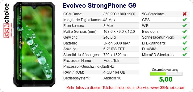 Evolveo StrongPhone G9 technische Daten Evolveo StrongPhone G9 technische Daten