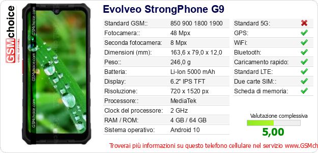 Evolveo StrongPhone G9 Dati tecnici di telefono cellulare Evolveo StrongPhone G9 Dati tecnici di telefono cellulare