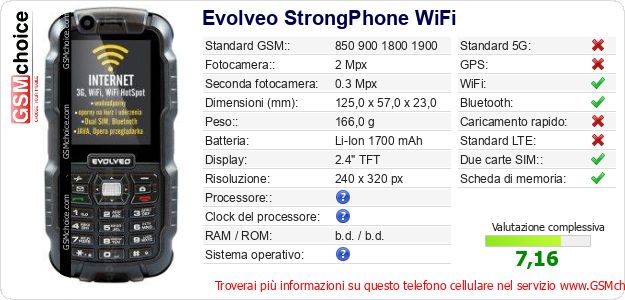 Evolveo StrongPhone WiFi Dati tecnici di telefono cellulare 