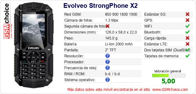 Evolveo StrongPhone X2 Datos técnicos del móvil Evolveo StrongPhone X2 Datos técnicos del móvil