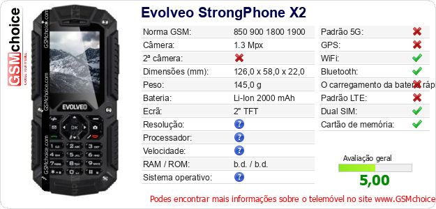 Evolveo StrongPhone X2 Especificações técnicas do telemóvel Evolveo StrongPhone X2 Especificações técnicas do telemóvel
