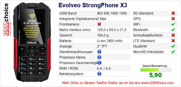 Evolveo StrongPhone X3 technische Daten Evolveo StrongPhone X3 technische Daten
