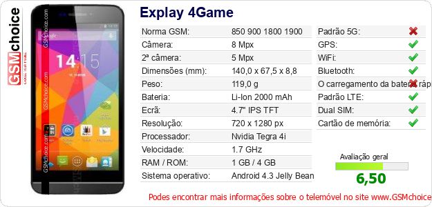 Explay 4Game Especificações técnicas do telemóvel Explay 4Game Especificações técnicas do telemóvel