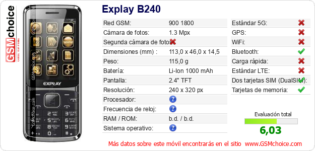 Explay B240 Datos técnicos del móvil 
