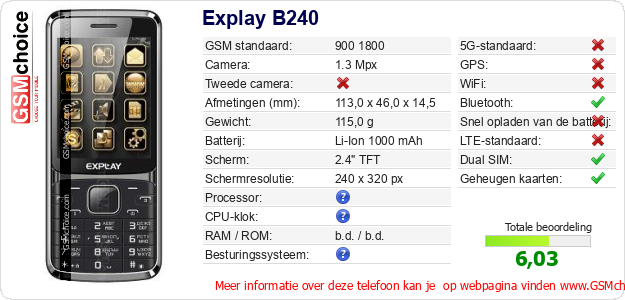 Explay B240 Technische gegevens 