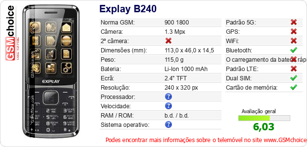 Explay B240 Especificações técnicas do telemóvel 