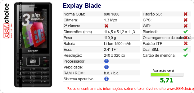 Explay Blade Especificações técnicas do telemóvel 