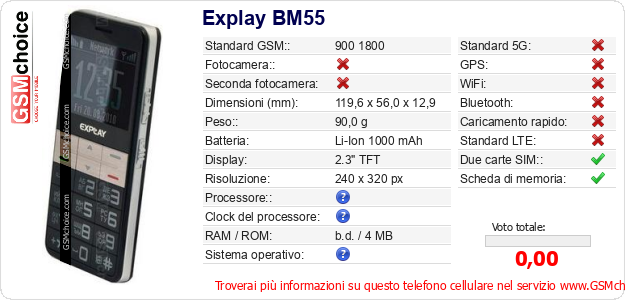 Explay BM55 Dati tecnici di telefono cellulare 