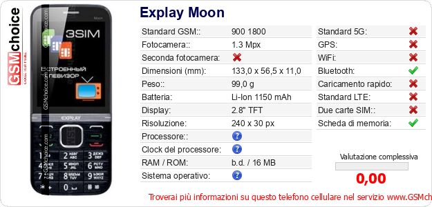 Explay Moon Dati tecnici di telefono cellulare 