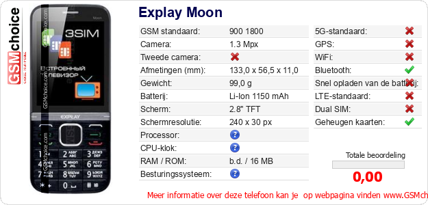 Explay Moon Technische gegevens 