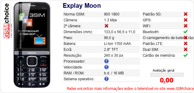Explay Moon Especificações técnicas do telemóvel Explay Moon Especificações técnicas do telemóvel