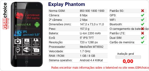 Explay Phantom Especificações técnicas do telemóvel 