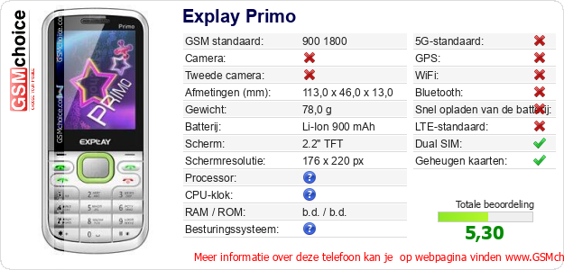 Explay Primo Technische gegevens 