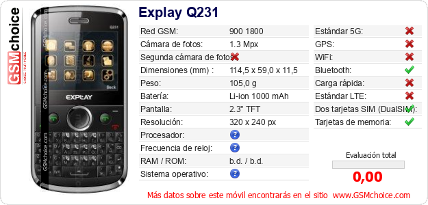 Explay Q231 Datos técnicos del móvil 