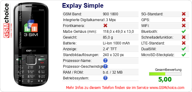 Explay Simple technische Daten Explay Simple technische Daten