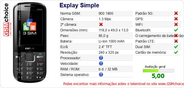 Explay Simple Especificações técnicas do telemóvel 