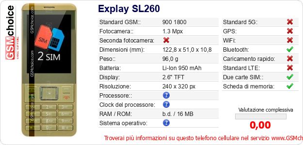 Explay SL260 Dati tecnici di telefono cellulare 