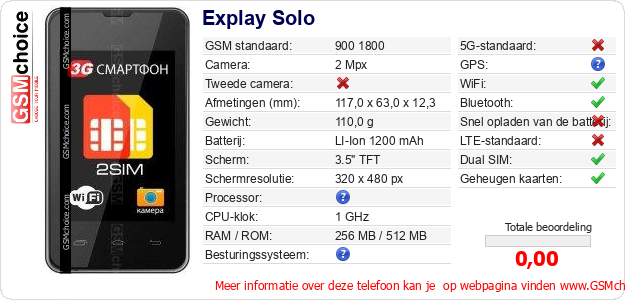 Explay Solo Technische gegevens Explay Solo Technische gegevens