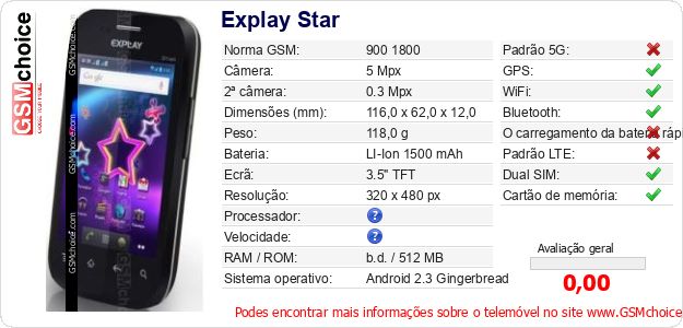 Explay Star Especificações técnicas do telemóvel Explay Star Especificações técnicas do telemóvel